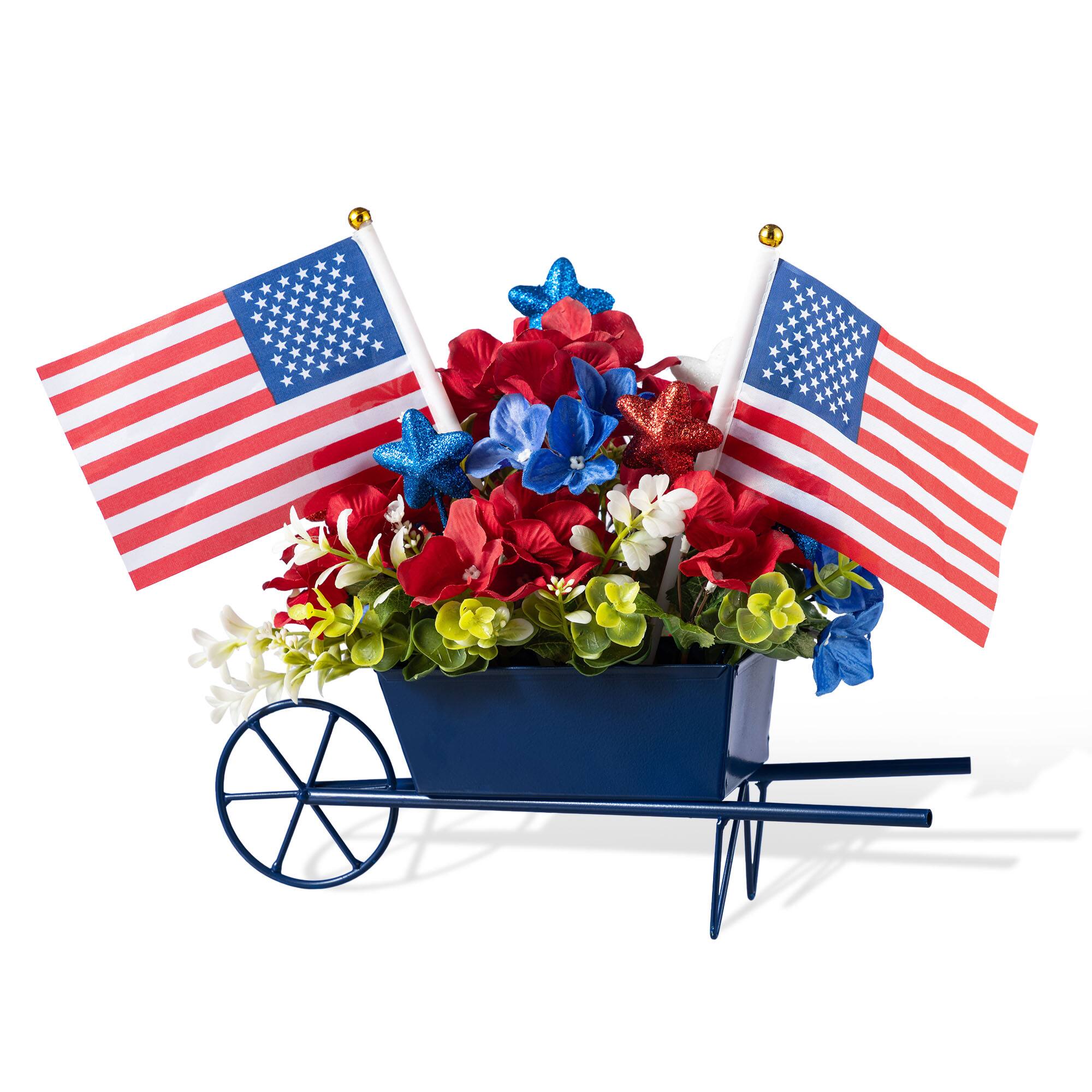 Glitzhome® 14" Patriotic Americana Hydrangea Metal Wagon Centerpiece